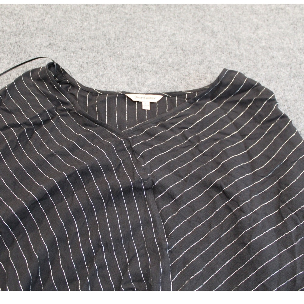 Juicy Couture Womens Black Silver Metallic Pinstripe Tie‎ Front Ruffle Top L - Picture 5 of 9